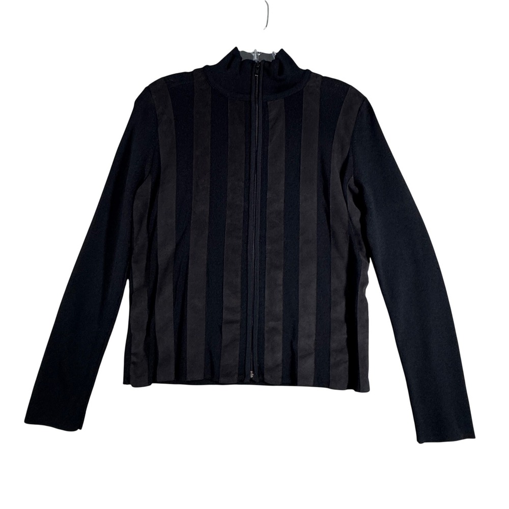 J'Envie New York Cardigan Sweater Black Full Zip Ribbed Vertical Panels Small